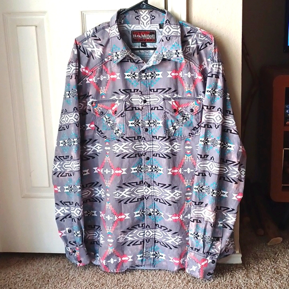 Rock & Roll Cowboy Black Pearl Snap Tribal Aztec Print Western Shirt